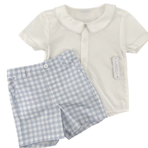 Edgehill Collection Peter Pan Collar Shirt Shorts Set Boys Sz 3T Gingham Blue - Picture 1 of 5